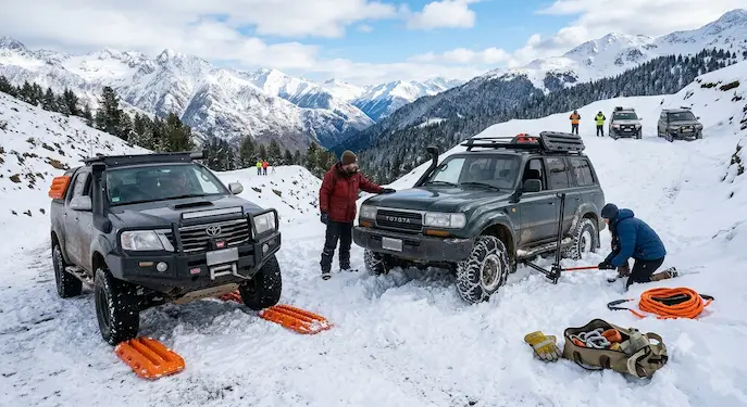 Vehículos todoterreno 4x4 equipados con cadenas, planchas de desatasco y gato Hi-Lift realizando maniobras de rescate en un camino de alta montaña cubierto de nieve.