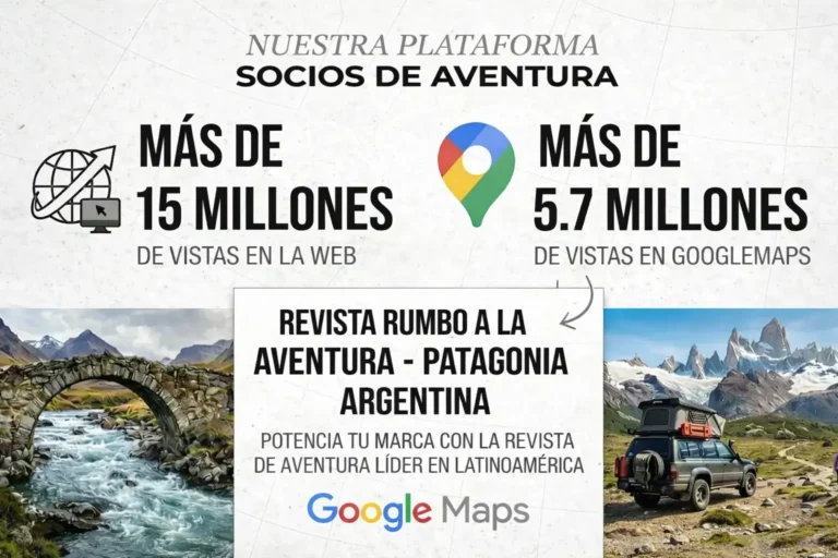 nfografía de la Revista Rumbo a la Aventura que destaca más de 15 millones de vistas en la web y más de 5.7 millones de vistas en Google Maps, junto a imágenes de paisajes patagónicos y un vehículo de expedición.