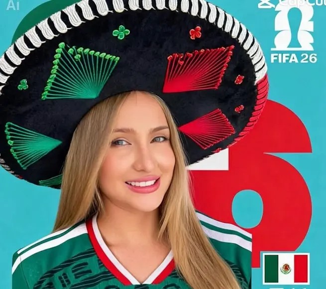 Retrato de Verónica Weffer con sombrero mexicano y camiseta verde de México en una tarjeta estilo Panini del Mundial FIFA 26.