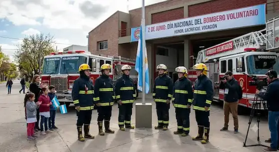 Bomberos voluntarios formados frente al cuartel junto a la bandera argentina.