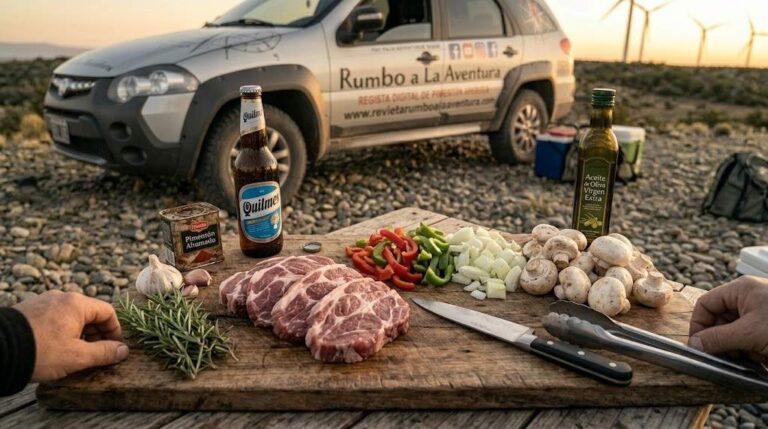 Bondiola al disco a la cerveza cocinándose con verduras en una travesía 4x4 en los médanos de Necochea.