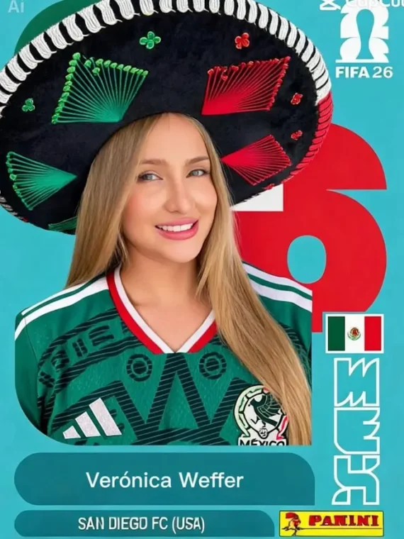 Retrato de Verónica Weffer con sombrero mexicano y camiseta verde de México en una tarjeta estilo Panini del Mundial FIFA 26.