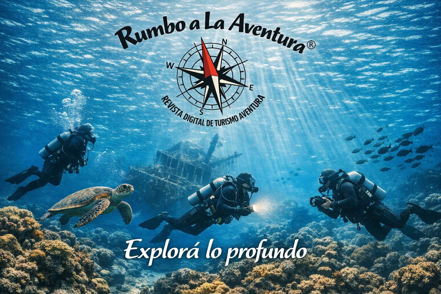 Buzo descendiendo en aguas cristalinas, rodeado de vida marina, representando la experiencia del buceo como actividad de aventura y exploración.