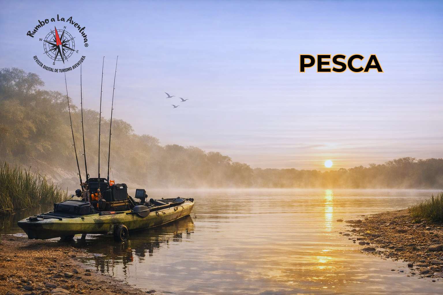 Pescador en acción en un entorno natural, representando la sección de pesca de Rumbo a la Aventura.