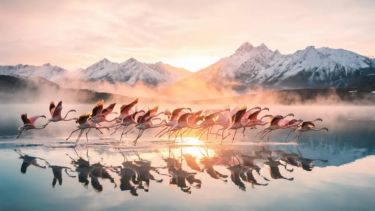 Composición fotográfica de tres paneles que ilustra el ciclo de vida de los flamencos en la laguna patagónica: un primer plano de las patas alimentándose y removiendo el sedimento, un plano medio de tres flamencos volando sincronizadamente, y una vista aérea de una gran colonia en vuelo sobre el paisaje montañoso.