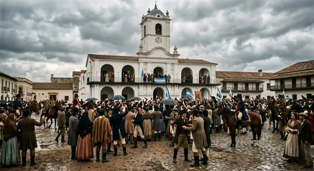 Ilustración histórica del Cabildo de Buenos Aires en 1810, con su fachada blanca completa y la cúpula central, rodeado por una multitud de personas con vestimenta colonial en la plaza.