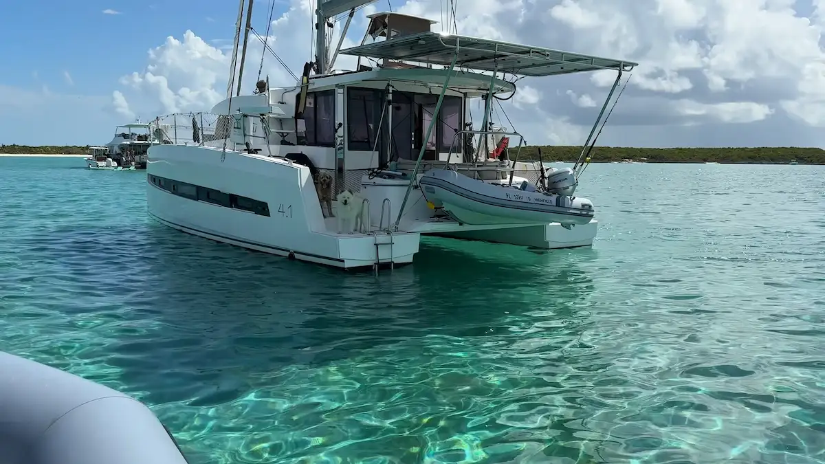 Vista lateral detallada del catamarán Bali 4.8 'Sailing Zola' fondeado en aguas turquesas de una remota laguna en las Bahamas, con perros de pie en la escalera del travesaño, un bote auxiliar inflable plateado con motor fueraborda colgando de los pescantes de popa, un techo solar con paneles solares, y la costa de vegetación verde de fondo bajo un cielo parcialmente nublado.