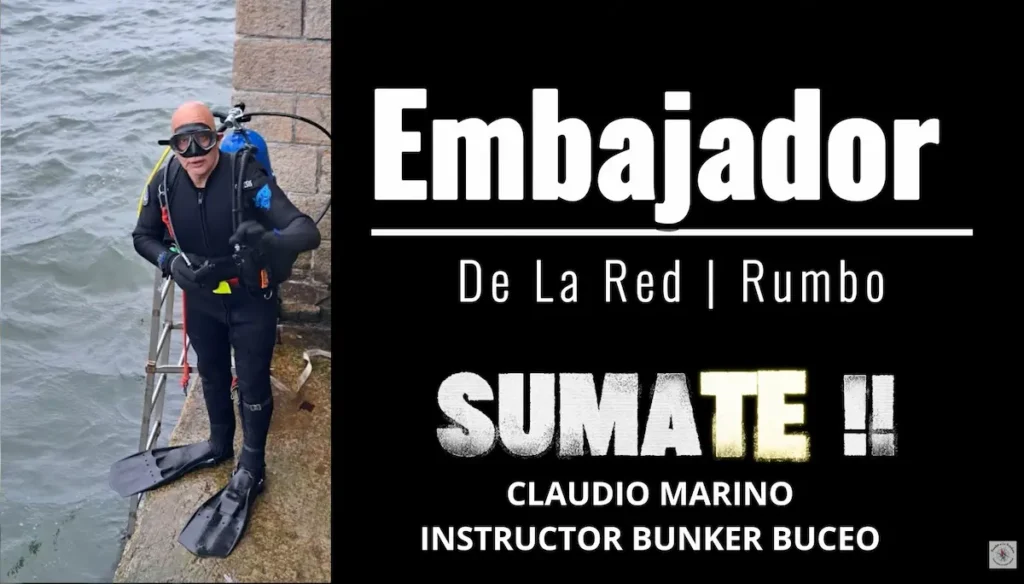 Claudio Marino, director e instructor de BÚNKER Buceo, presentado como Embajador de la Red Rumbo con equipo de buceo táctico en Mar del Plata.