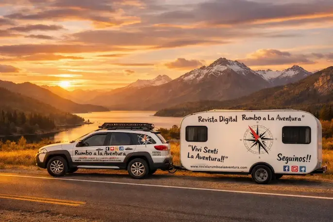 Fiat Palio Adventure de Rumbo a la Aventura con casa rodante acoplada en una ruta de montaña frente a un lago al atardecer.