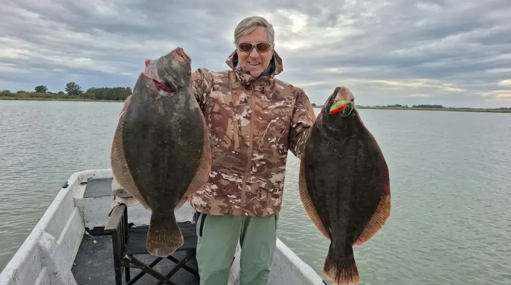 El pescador Jorge posa a bordo mostrando dos grandes lenguados capturados en simultáneo en la albufera de Mar Chiquita.
