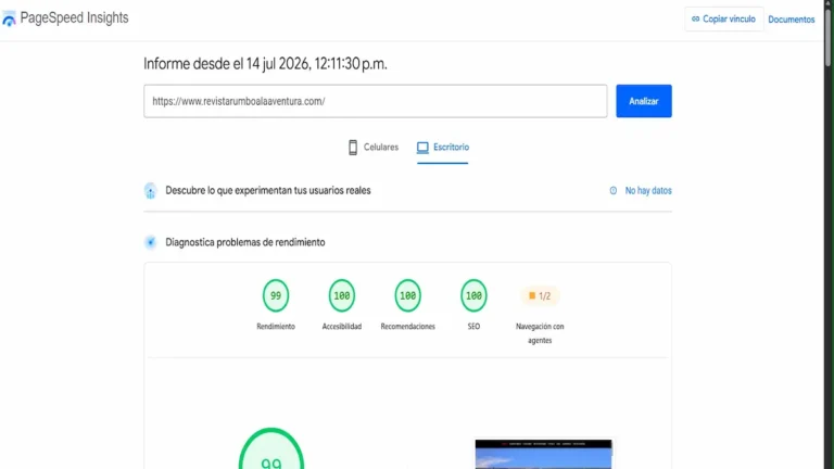 Auditoría de Google PageSpeed Insights en ordenador para Revista Rumbo A La Aventura con 98 por ciento de rendimiento y 100 por ciento en SEO.