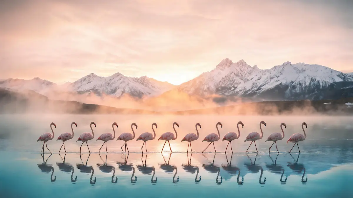 Una larga fila de flamencos rosados camina sincronizadamente a través de las aguas tranquilas de una laguna en la Patagonia, con su reflejo perfecto en el agua y una majestuosa cordillera nevada de fondo bajo un cielo crepuscular.