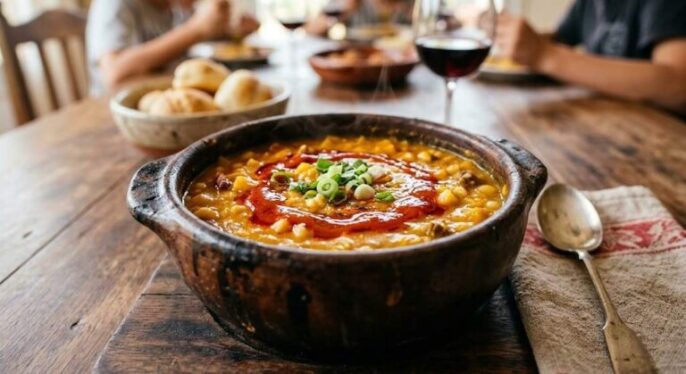 Cazuela de barro individual con locro pulsudo caliente, decorado en el centro con un hilo de salsa quiquirimichi roja y verdeo picado.