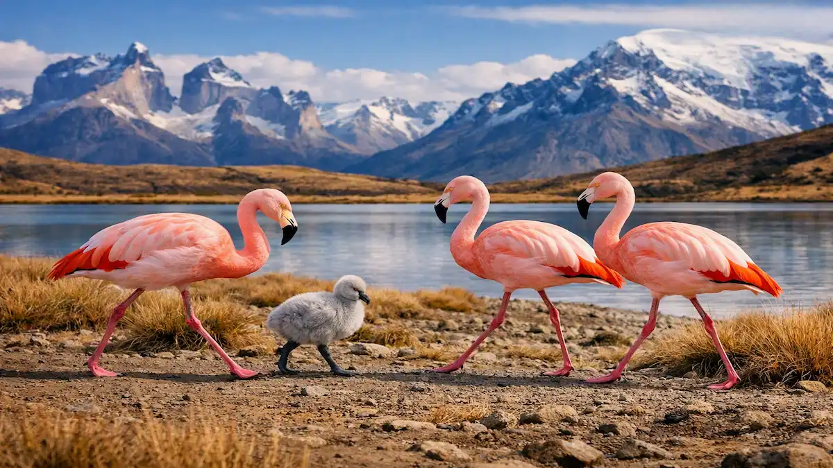 Primer plano de una familia de flamencos rosados y su pequeña cría caminando por la orilla de una laguna, con los cerros nevados de la Patagonia al fondo.