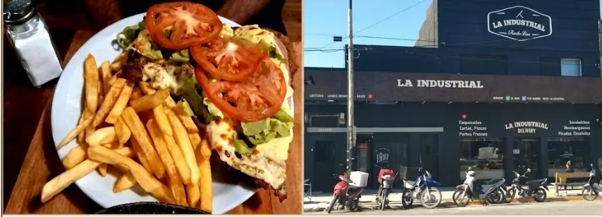 Guía de recomendados en Necochea con plato de milanesa completa y fachada del restaurante La Industrial