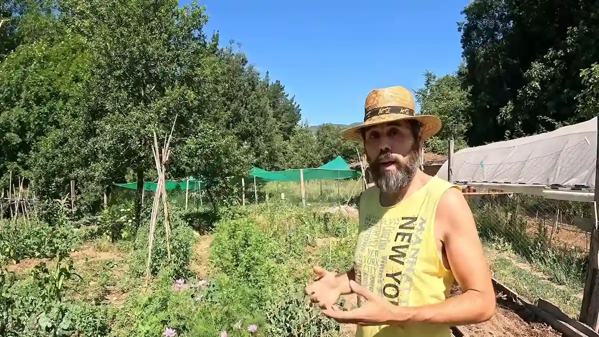 Jardinero con sombrero explicando el funcionamiento del huerto ecológico y el invernadero