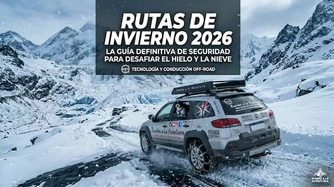 Camioneta de Rumbo a la Aventura equipada con cadenas para nieve en una ruta invernal extrema de montaña.