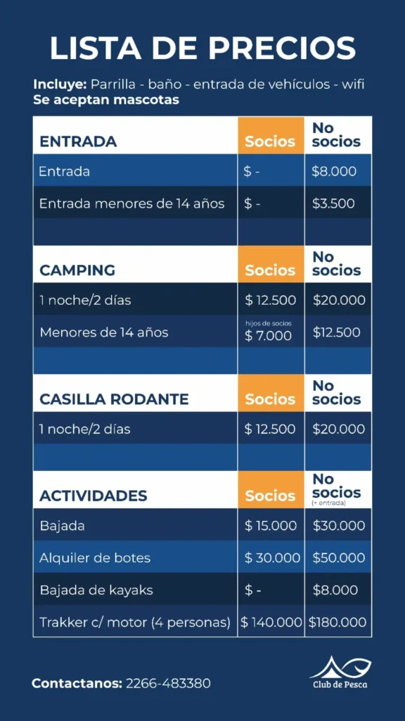 Lista de precios oficial del Club de Pesca Balcarce con tarifas para camping, casilla rodante y bajada de embarcaciones