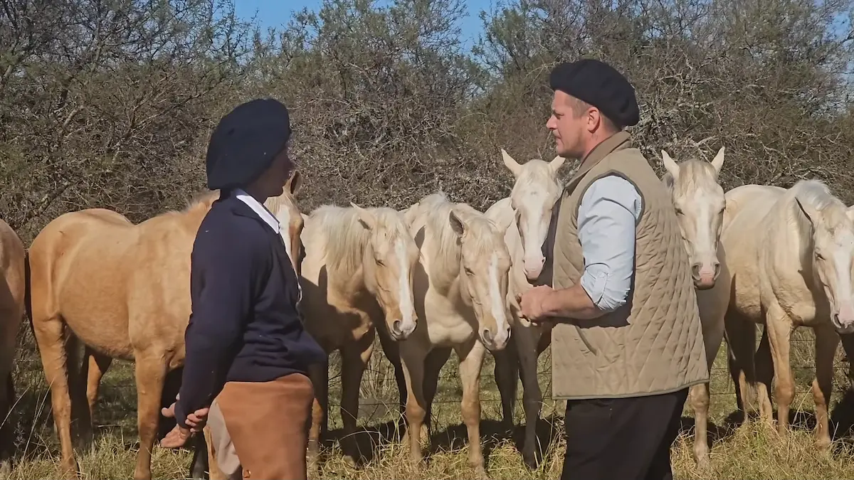 Mauro Besson conversando con el paisano Ariel de frente en el campo rodeados de caballos criollos bayos en Entre Ríos.