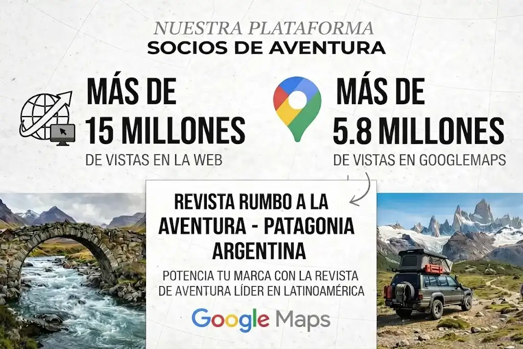 Infografía de Revista Rumbo a la Aventura mostrando 15 millones de vistas web y 5,8 millones en Google Maps.
