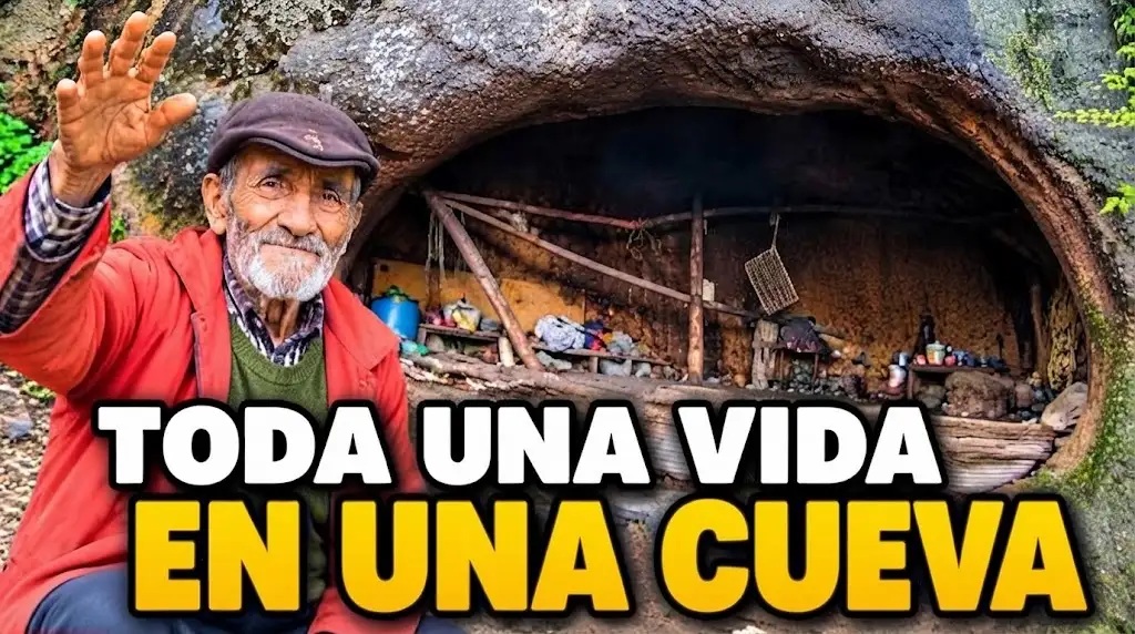 Don Pedro sonriendo y saludando con la mano frente a su refugio en la montaña con el texto Toda una vida en una cueva