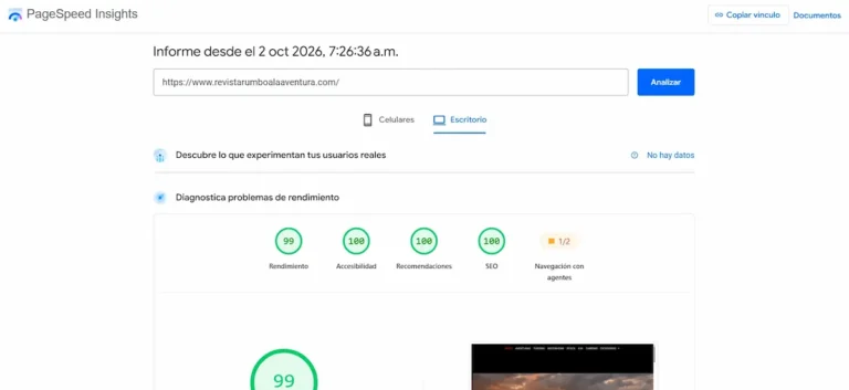 Resultados de PageSpeed Insights para la versión de escritorio de revistarumboalaaventura.com mostrando 99 de rendimiento y 100 en SEO