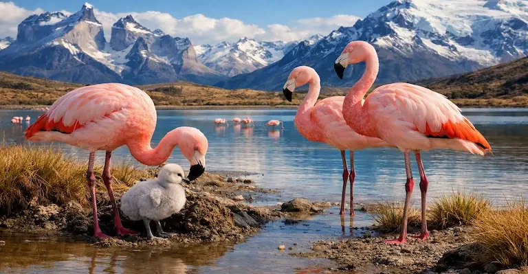 Una pareja de flamencos rosados cuida a su pequeña cría de plumón gris en la orilla de una laguna, con los imponentes cerros nevados de la Patagonia al fondo bajo un cielo parcialmente nublado.
