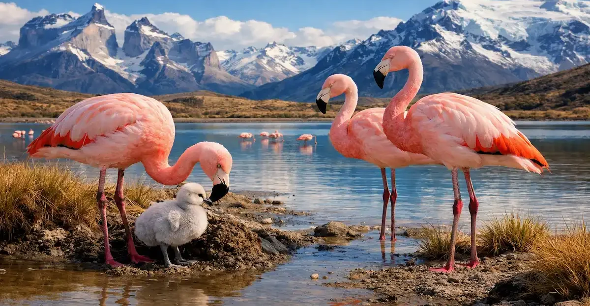 Fotografía en primer plano de una pareja de flamencos rosados protegiendo a su cría de plumón gris a la orilla de una laguna patagónica, con la cordillera nevada y el cielo despejado de fondo.