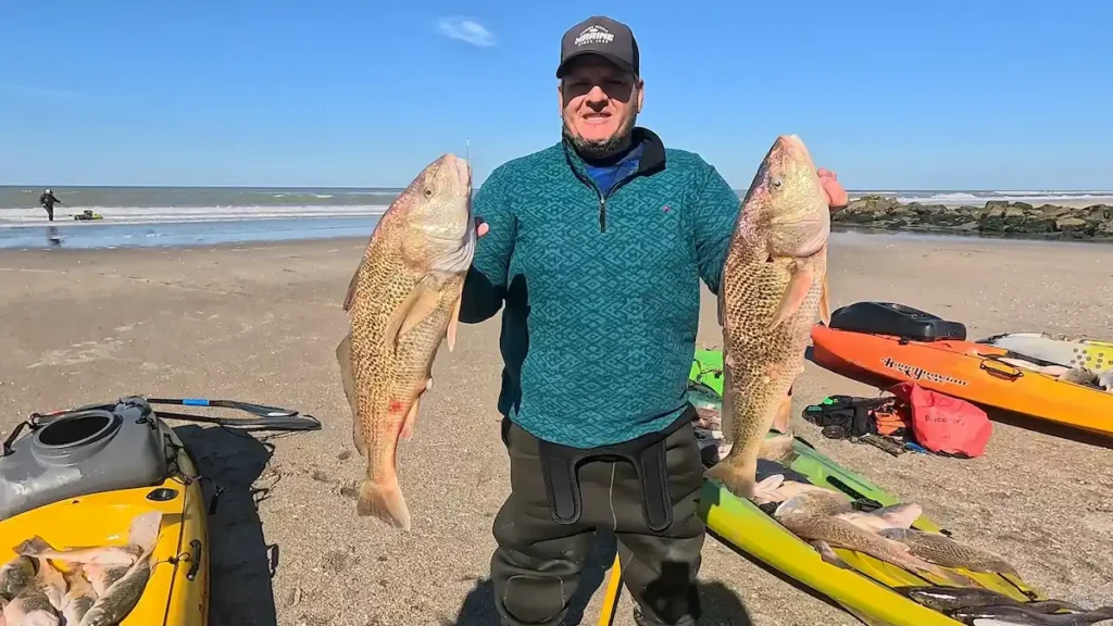 Capturas de corvinas rubias y pescadillas exhibidas en la playa tras la pesca en kayak en Santa Teresita
