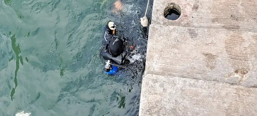 Cursante de la DOE realizando la práctica de inmersión en aguas abiertas en la Escollera Norte de Mar del Plata.