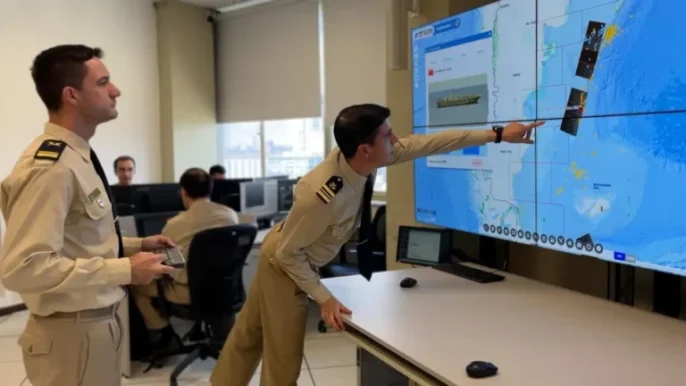 Dos oficiales de la Prefectura Naval Argentina en un centro de control monitoreando pantallas