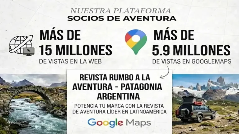 Infografía de la plataforma Socios de Aventura de la Revista Rumbo a la Aventura, mostrando estadísticas de alcance en la web y Google Maps en Patagonia Argentina.