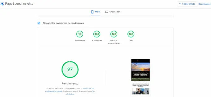Captura de pantalla de Google PageSpeed Insights mostrando un rendimiento móvil de 97 y puntajes de 100 en accesibilidad, prácticas recomendadas y SEO para la revista Rumbo A La Aventura.