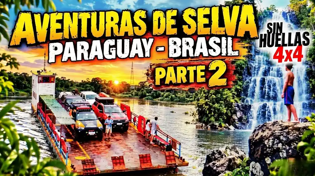 Portada de Sin Huellas 4x4 Aventuras de Selva Paraguay Brasil Parte 2 con balsa transportando camionetas al atardecer y cascada natural con joven observando sobre las rocas