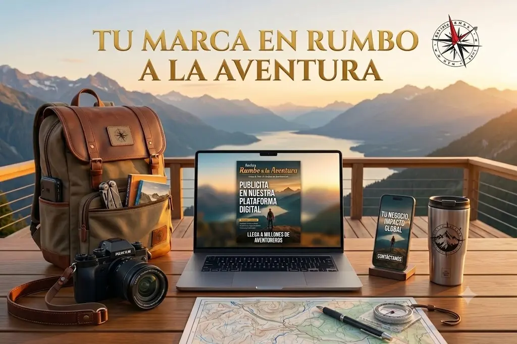 Publicidad digital de marcas en la plataforma y revista Rumbo A La Aventura con mockup de laptop, celular y equipamiento de viaje.
