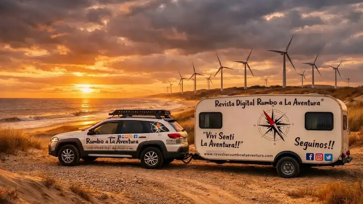 Camper y vehículo de la Revista Digital Rumbo a la Aventura en un atardecer frente al mar Ponéselos en los campos correspondientes a la derecha de la pantalla y